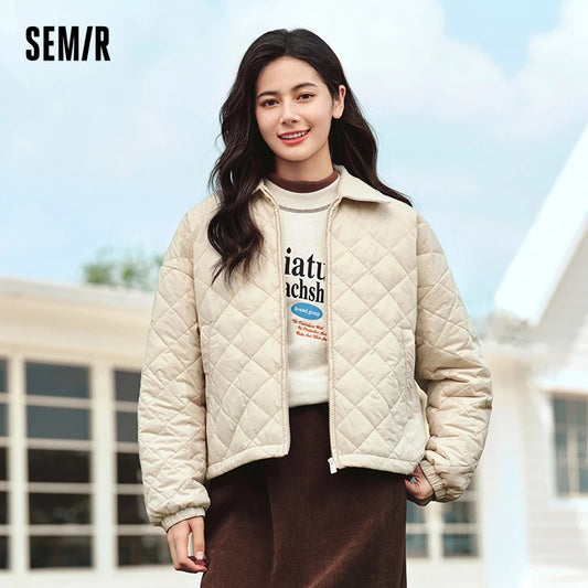 Semir Cotton Jacket Women Corduroy Lapel Diamond Check Retro 2024 Winter New Three-Proof Loose Lightweight Cotton Jacket