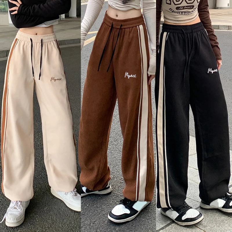 Women Korean Fashion Casual Trousers Girls Hip Hop Patchwork Straight Leg Pants Female Elastic Black Coffee Apricot Sweatpants