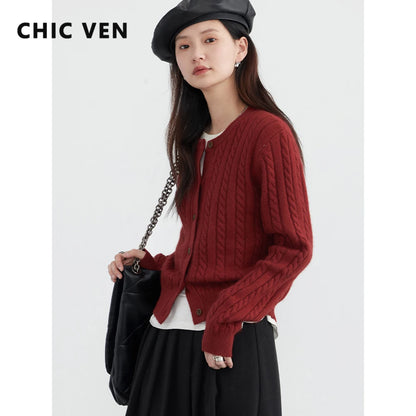 CHIC VEN Women Cardigan Casual Red O Neck Twisted Single Breasted Female Knitted Sweaters Ladies Jumpers Spring Autumn 2024