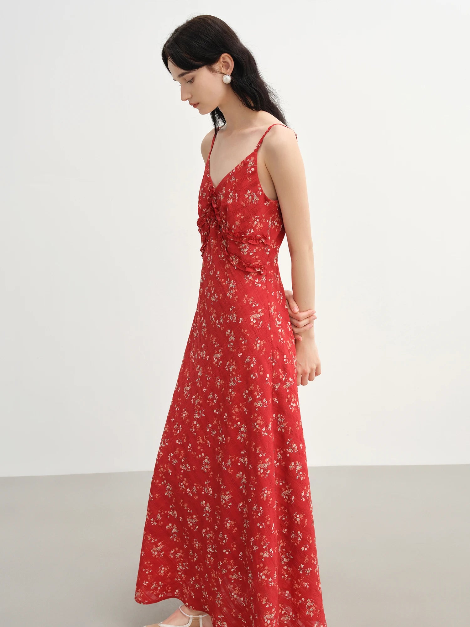 DUSHU 2025 Summer Women's Floral Checkered Maxi Dress - Curve-Flattering Ruffle Trim & A-Line Silhouette for Elegant Occasions
