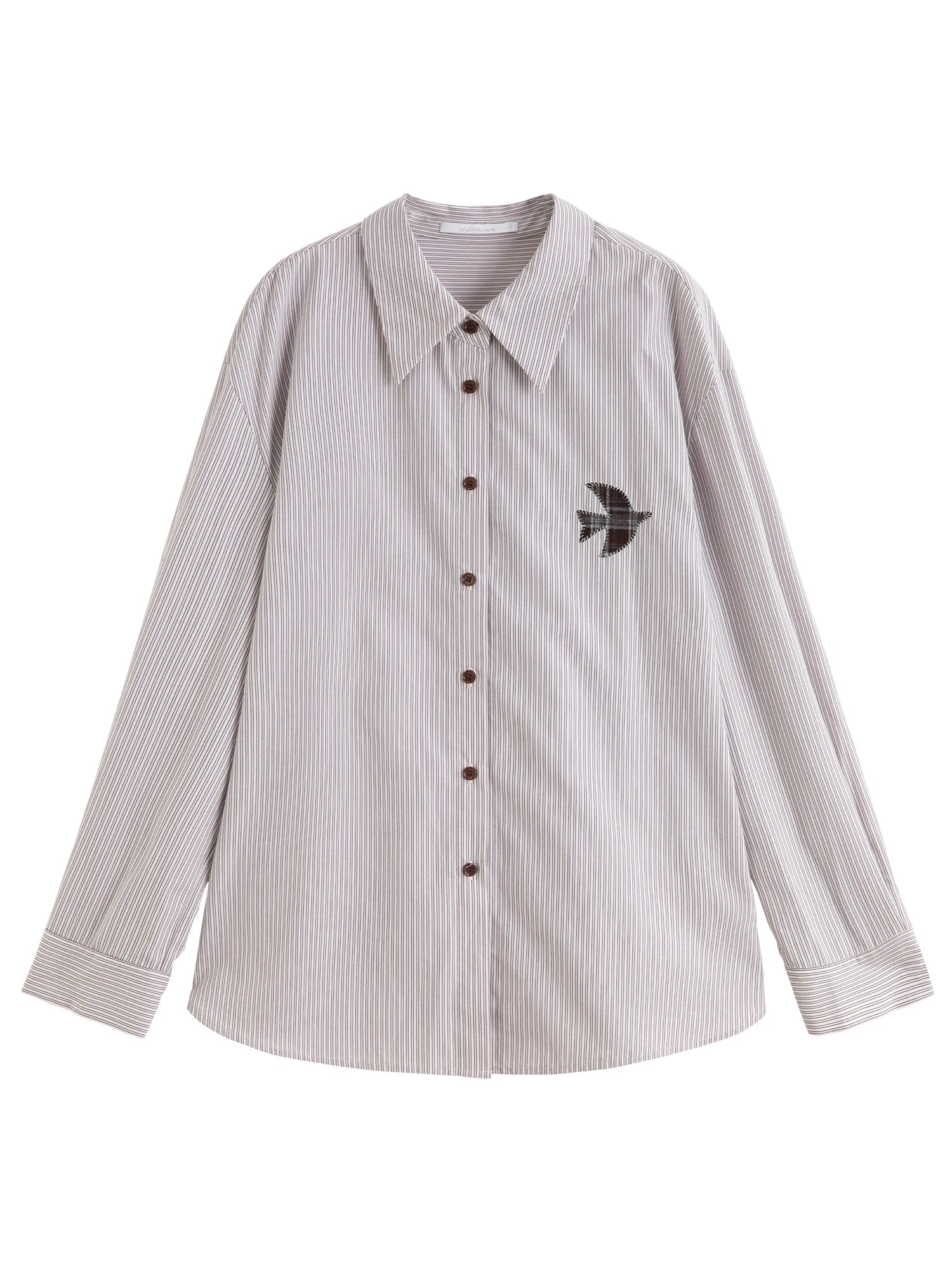 Plus-Size Women Fashion The Birds Artistic Checkered Applique Embroidery Stripe Shirt Winter 2025 Collection Women Shirt