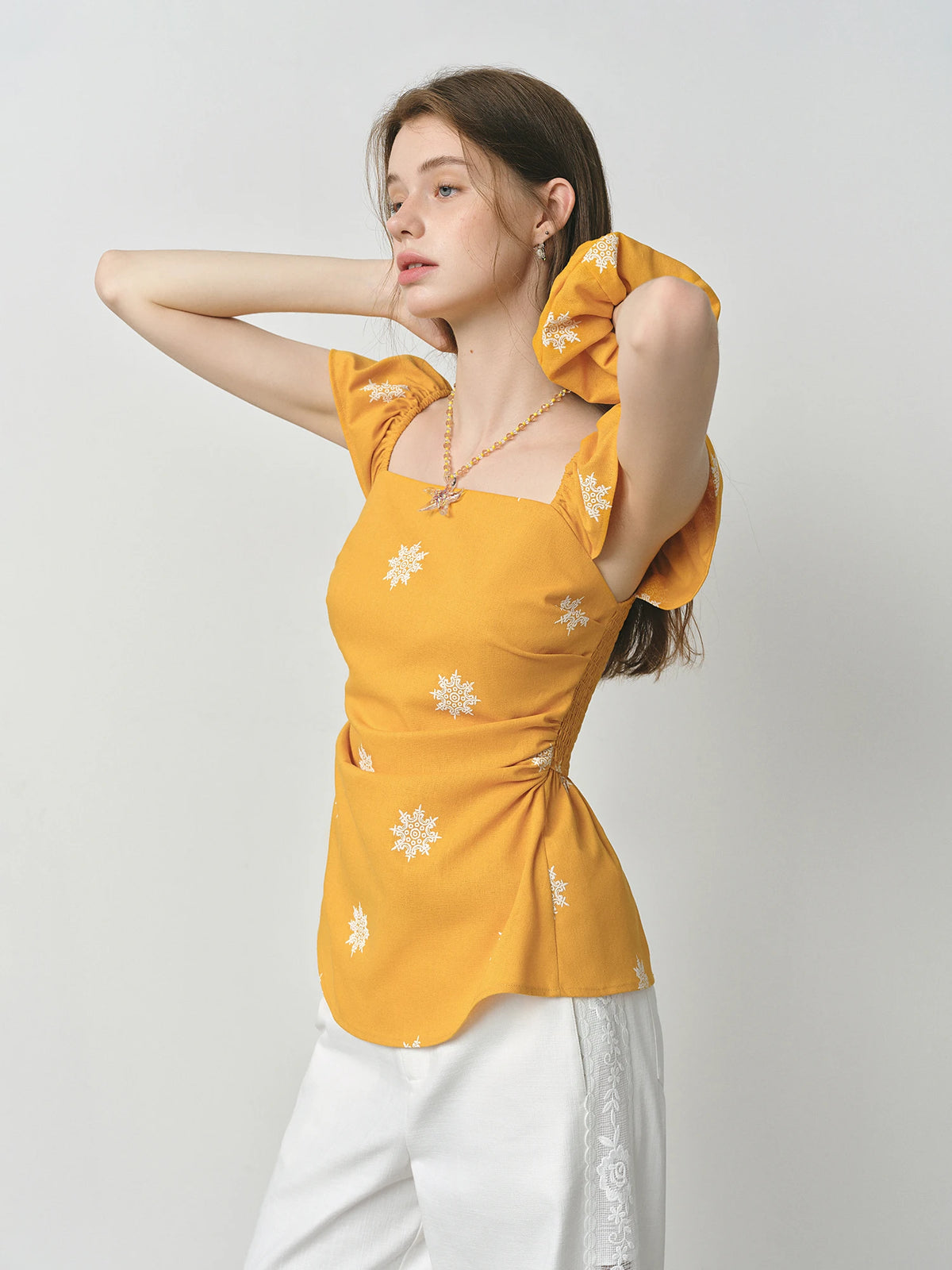 FSLE Vacation Linen Shirt Women's Flutter Sleeve French Style 2025 Summer Square Neck Top Coquette Y2K Trendy Blouse