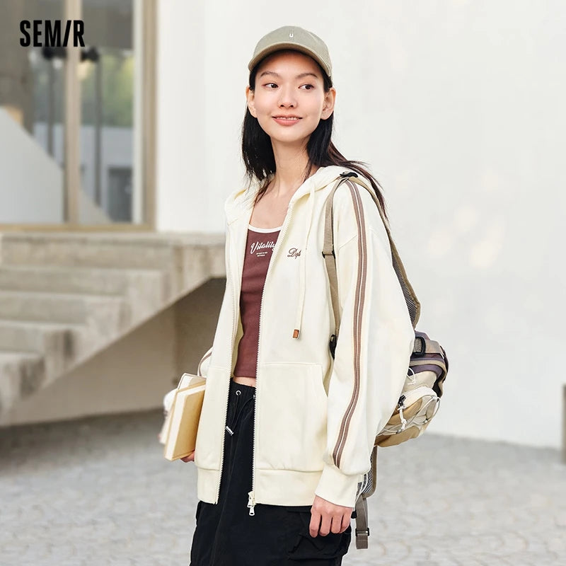 Semir 2024 Jacket Women Loose Top Casual Sports Style Spring New Embroidered Hooded Jacket Simple Coats