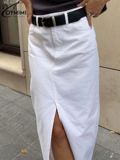 Oymimi Elegant White Cotton Skirts For Women Fashion High Waisted Floor-Length Skirts Streetwear Casual New Straight Solid Skirt