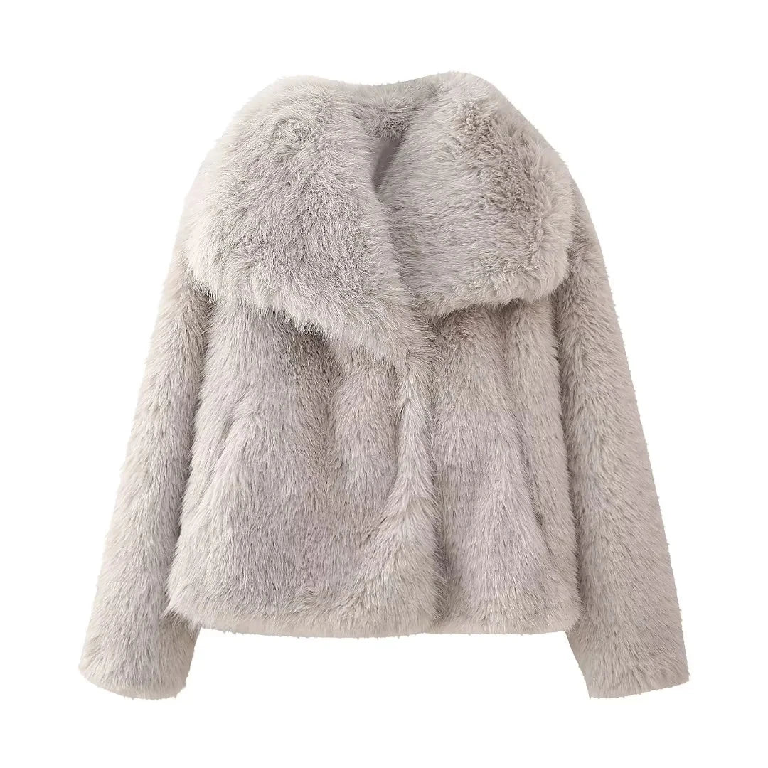 TRAFZA 2025 Autumn Winter Women Casual Faux Fur Jackets Fashion Streetwear Solid Oversized Turn Down Collar Elegant Thick Coats