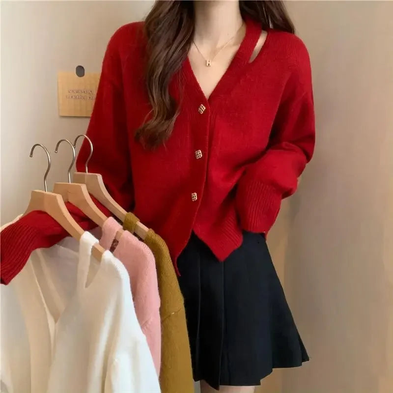 Red Crop V-neck Knitted Top for Women Cardigan Short Yellow Ladies Sweaters New Knitwear Korean Luxury Clothes Tall Tops Sale In