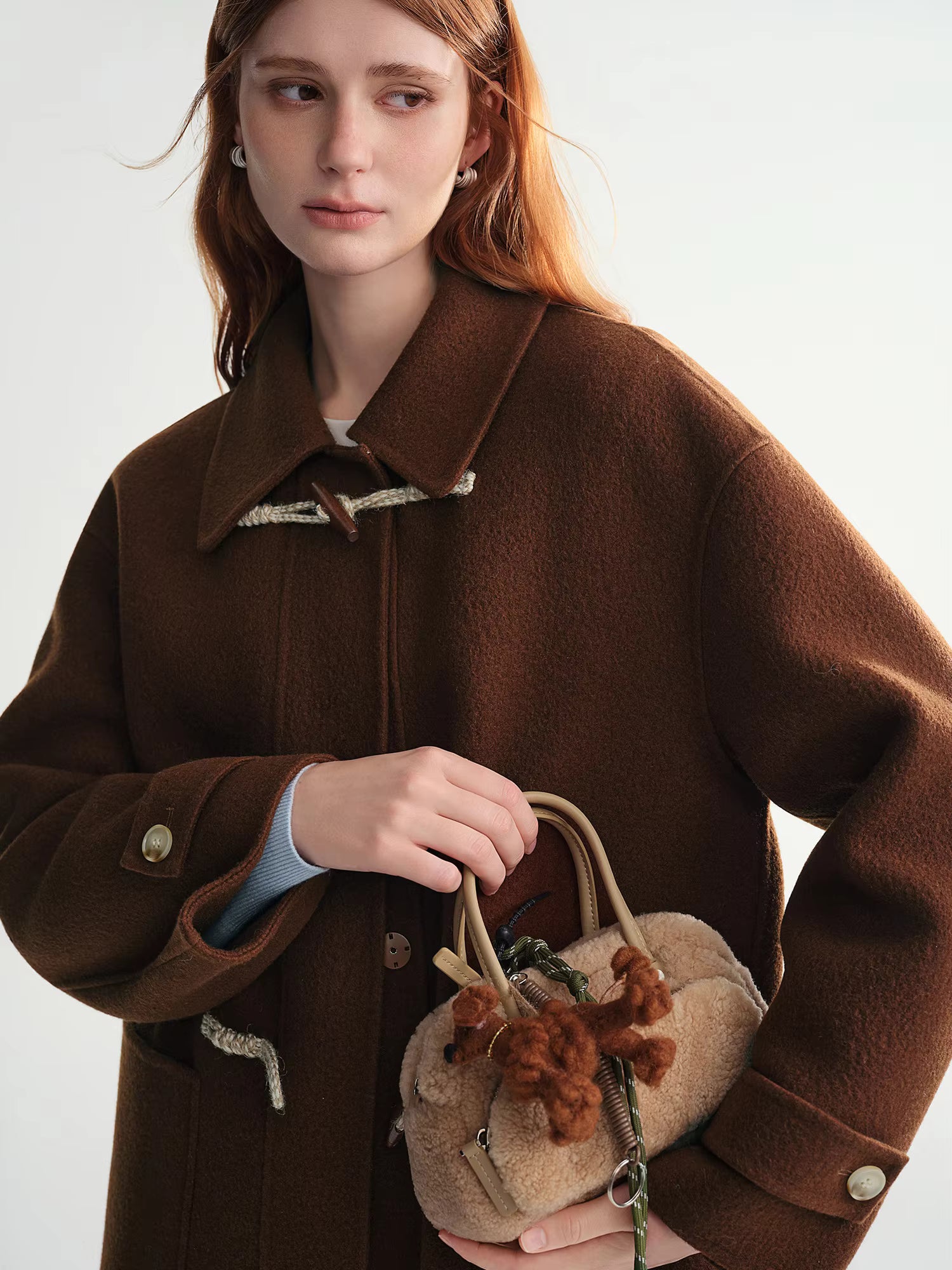 Winter 2025 Women's Horn Button Wool Blend Coat - Korean Style Double Faced Midi Length Stand Collar Casual Elegance