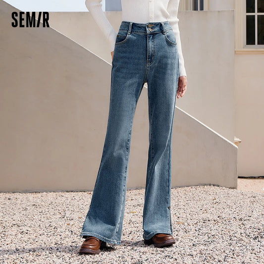 Semir Jeans Women High Waist Slit Flare Pants Leg-Lengthening 2024 New Winter Hong Kong Style Frayed Slimming Denim Trousers