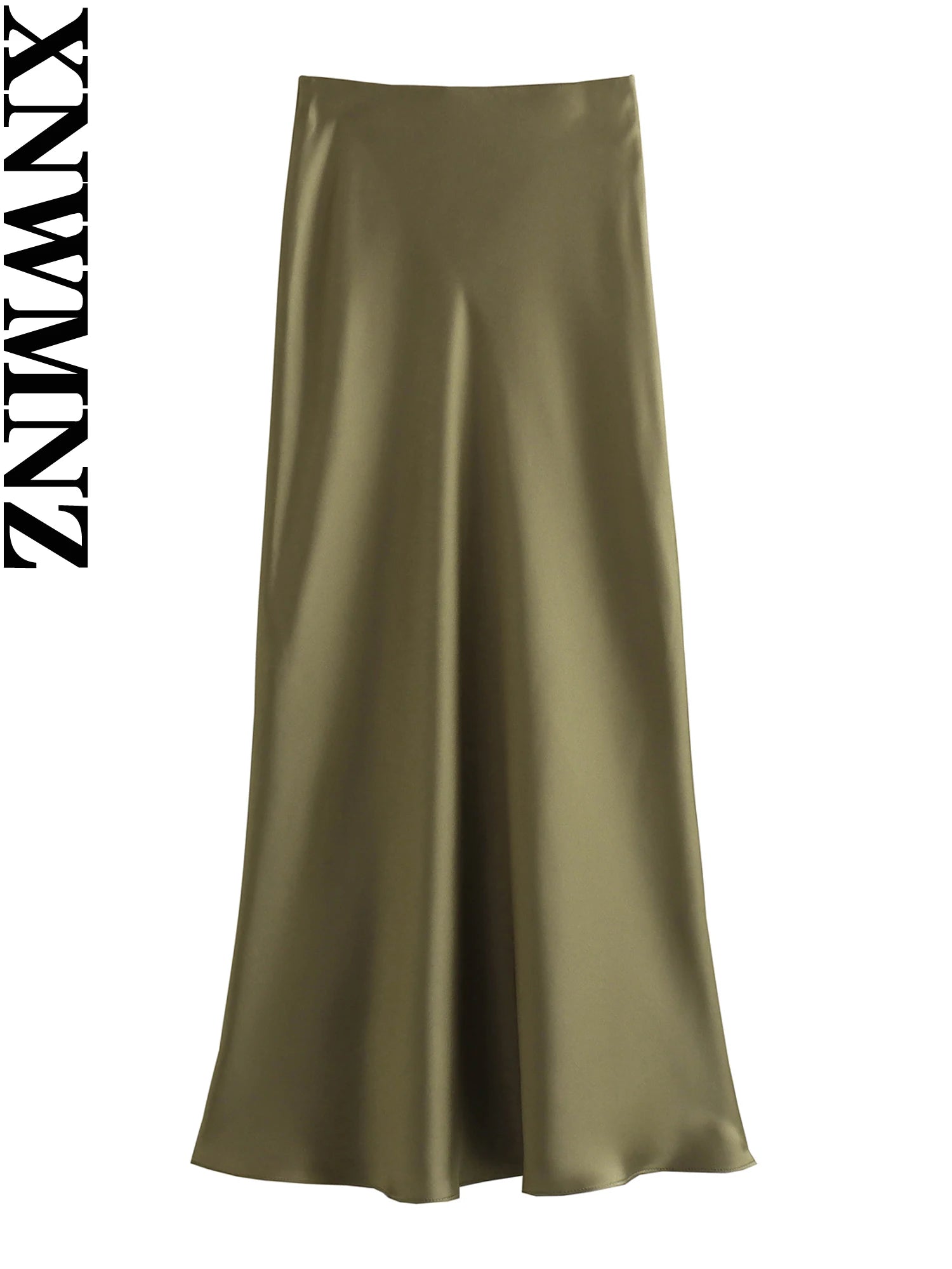 XNWMNZ Women's Fashion Flowing Satin Midi Skirt Women Vintage Elastic High Waist Flared hem High Street Female Skirt