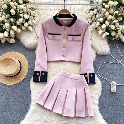 KUSAHIKI 2024 Spring Women's Color Block Short Cardigan Coat + High Waisted Pleated Half Skirt Two Piece Set