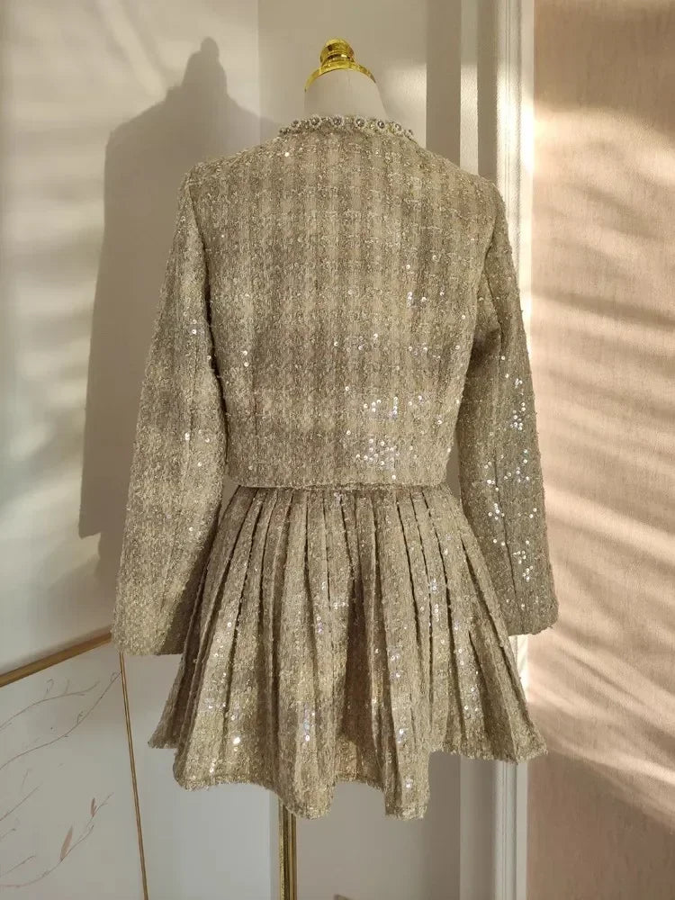 Autumn Winter Beading Tweed Pearls Short Jacket Coat + Mini Pleated Skirt Suit Two Piece Sets Womens Outifits