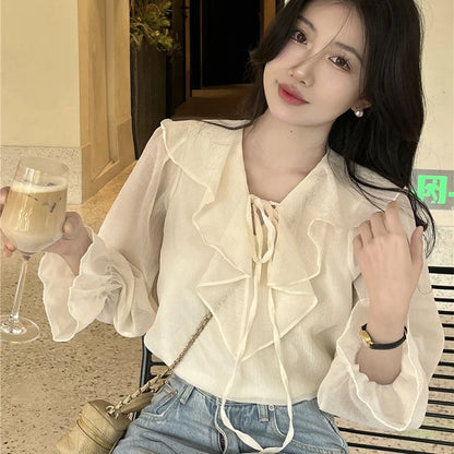 GIDYQ Women Solid Shirt Korean Office Ladies Half Open Collar Pullover Blouse Summer Loose Sweet All Match Chic Female Tops New