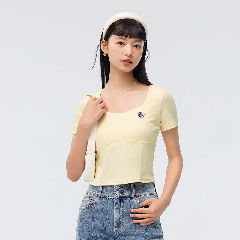 Semir 2024 T-Shirt Women Short-Sleeved Square Collar Embroidered Casual Summer Tight Knitted Sweater Sexy New Style Tee