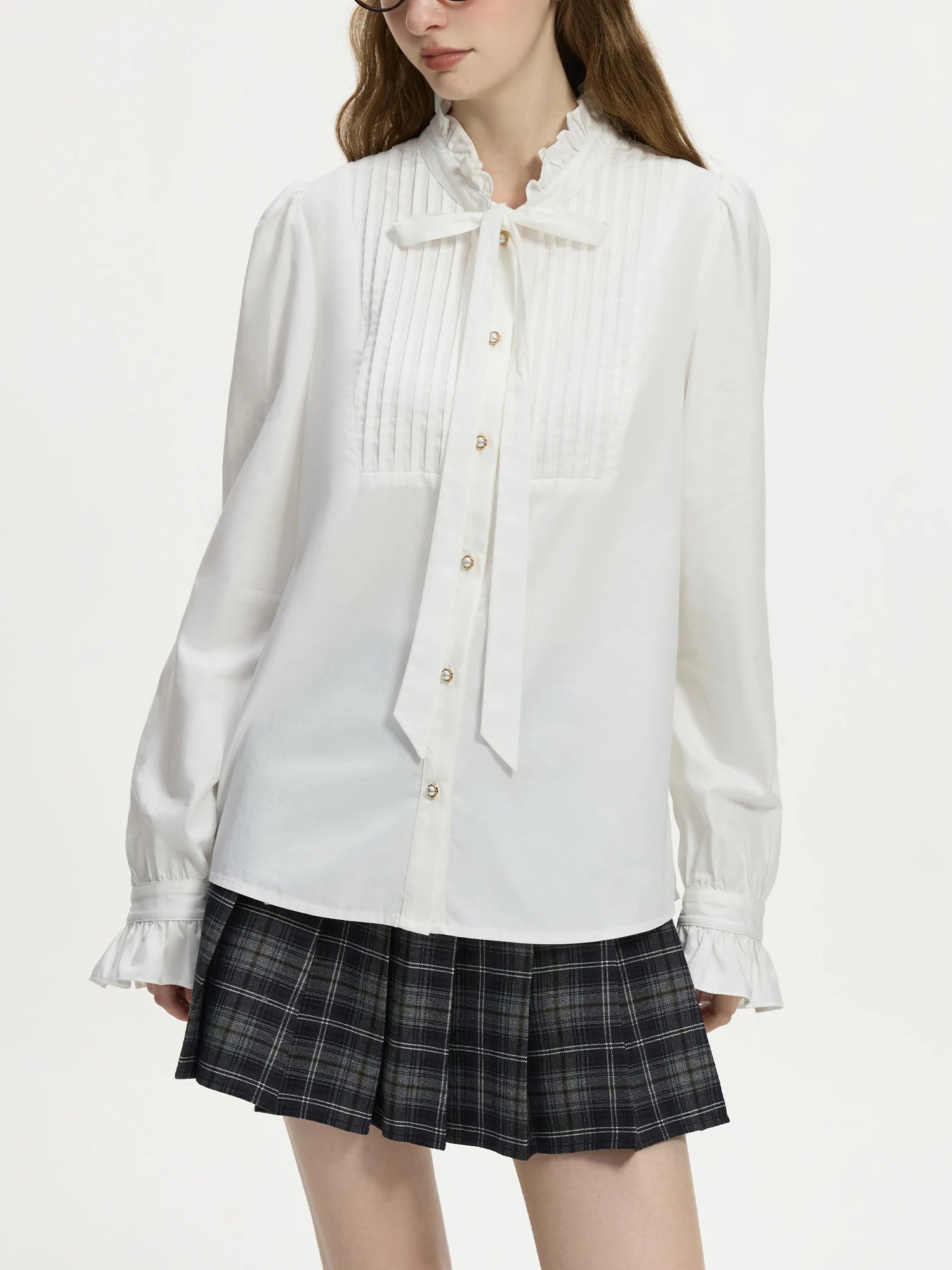 FSLE 50.2% Cotton French Style Wooden Ear Edge Tie Long-sleeve Shirt Female 2024 Fall Winter New White Versatile Shirt 24FS14522