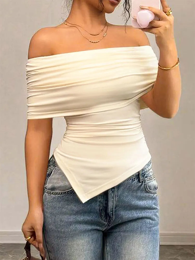 Women New T-shirt Summer Fashion Slash Neck Streetwear Casual Slim Versatile Tees Solid Sexy Off Shoulder Elegant Lady Clothing
