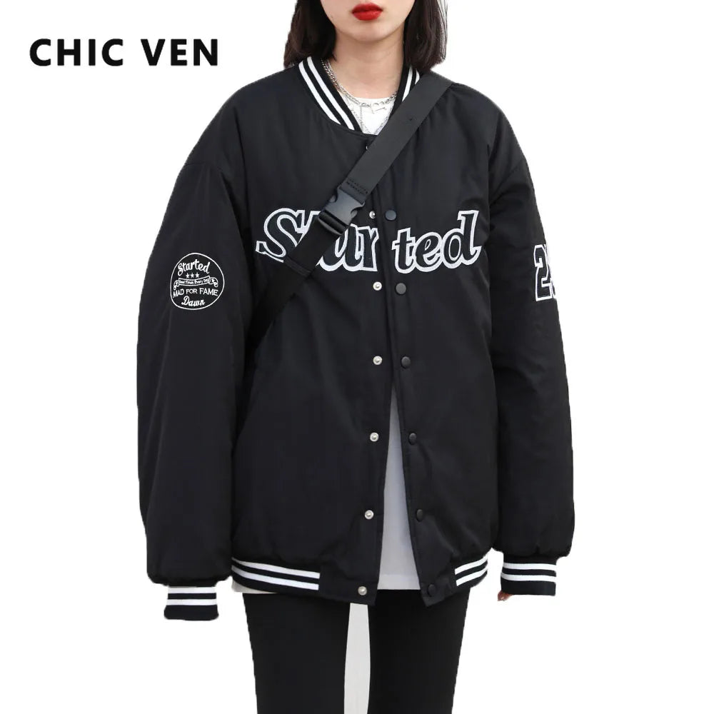 CHIC VEN Women Jacket Streetwear Casual Letter Baseball Quilted Female Overcoat Thick Warm Lady Coat Autumn Winter 2024