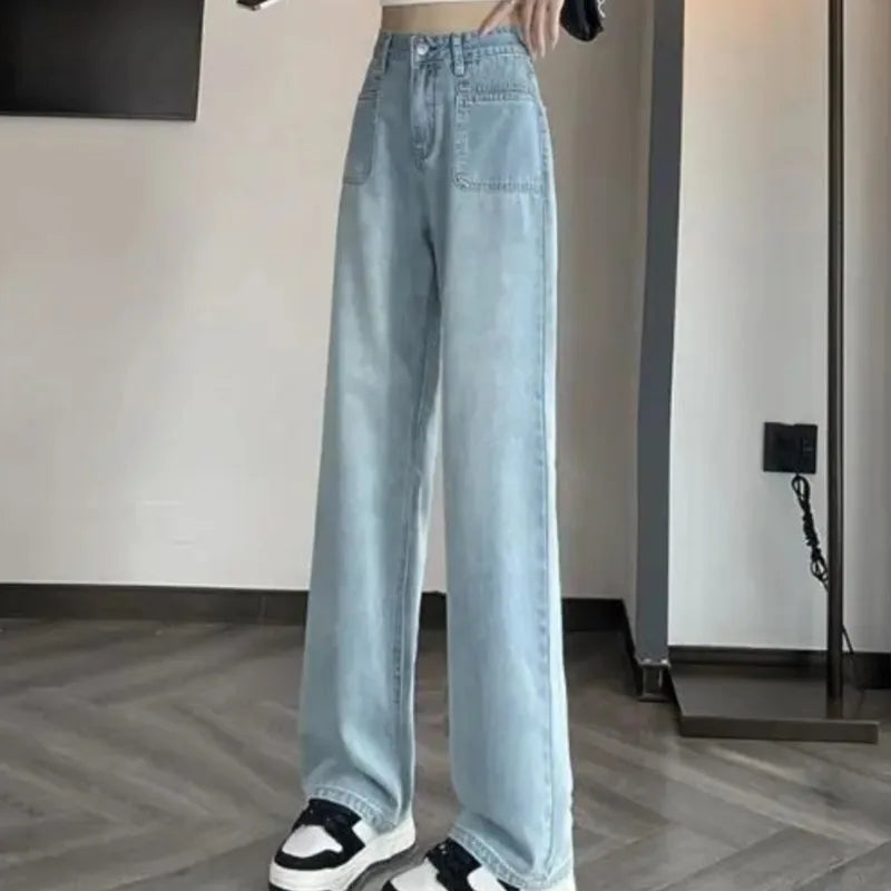 Loose Straight Leg Jeans Women's Front Pocket Design High Waist Floor Female Trousers American Wide Leg Long Pants Classic