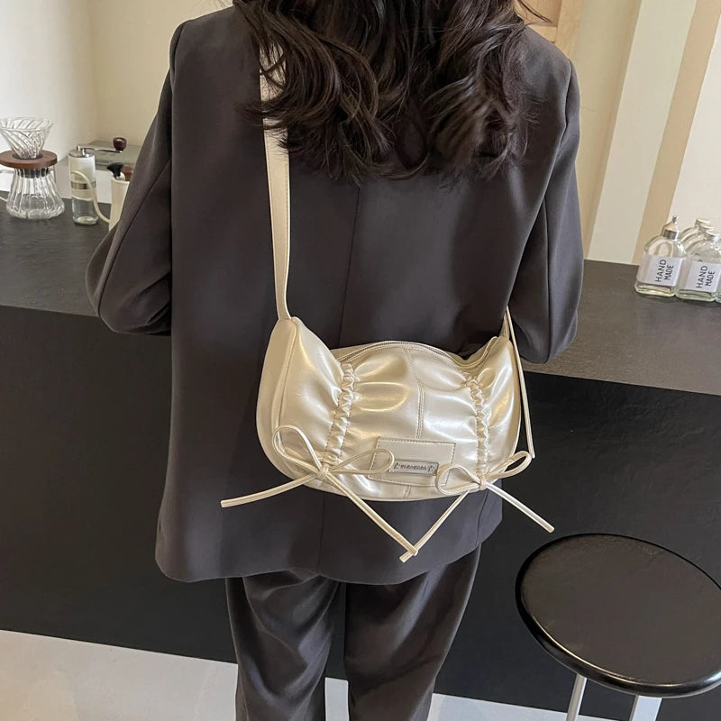 LEFTSIDE Bow Small Crossbody Bags for Women 2024 Korean Fashion Silver PU Leather Shoulder Bag Underarm Bags Handbags and Purses