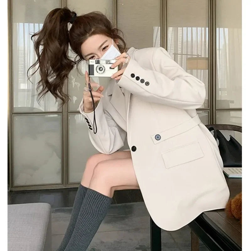 Fashion Women's Blazer Jacket Beige Design Sense Back Split Outerwear Spring 2024 New Korean Loose Long Sleeve Suit Coat Female