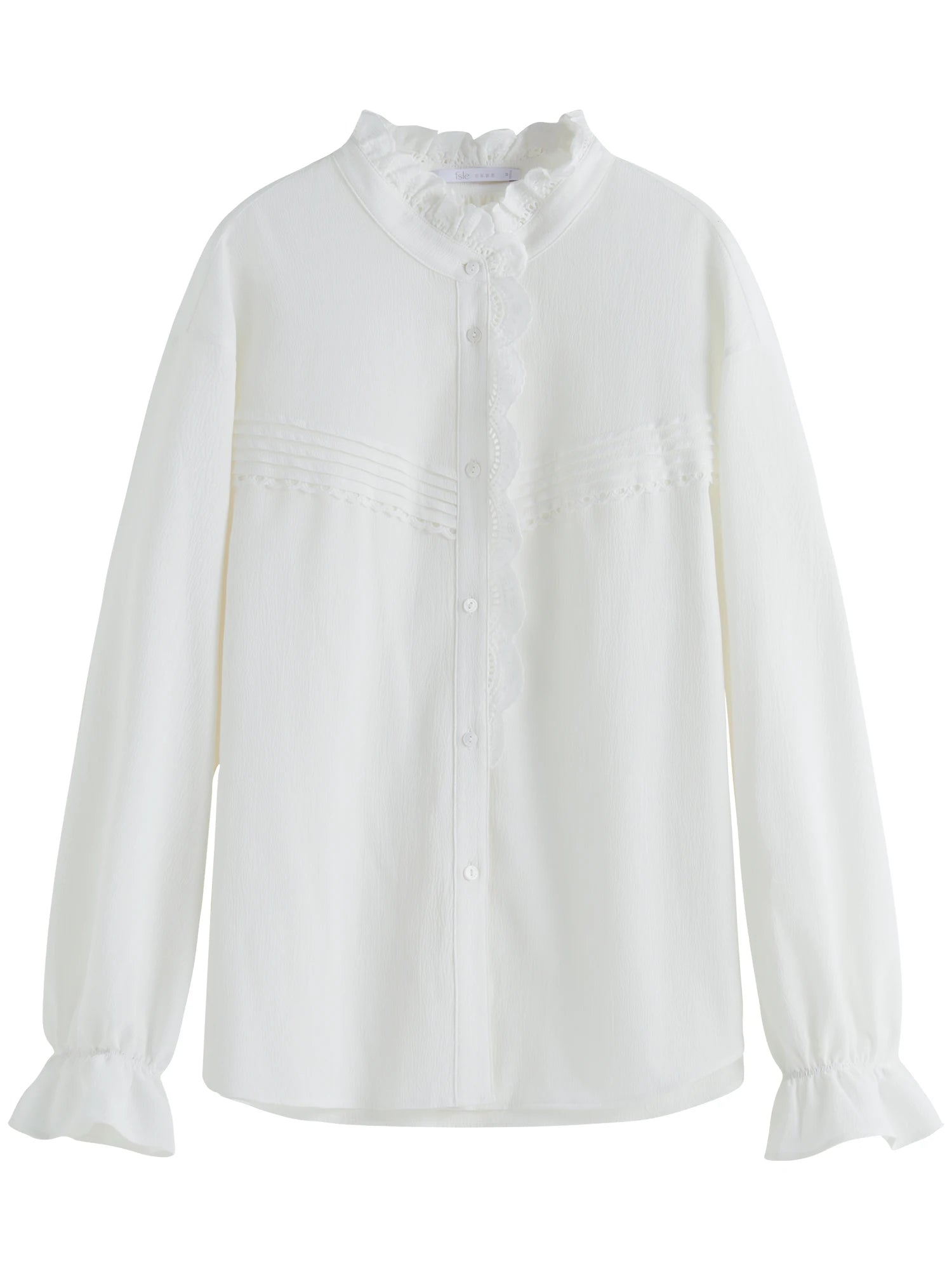FSLE Women White Long Sleeve Shirts Ruffled Stand Collar Design Temperament Solid Loose Lantern Sleeve Blouse Tops 24FS14686