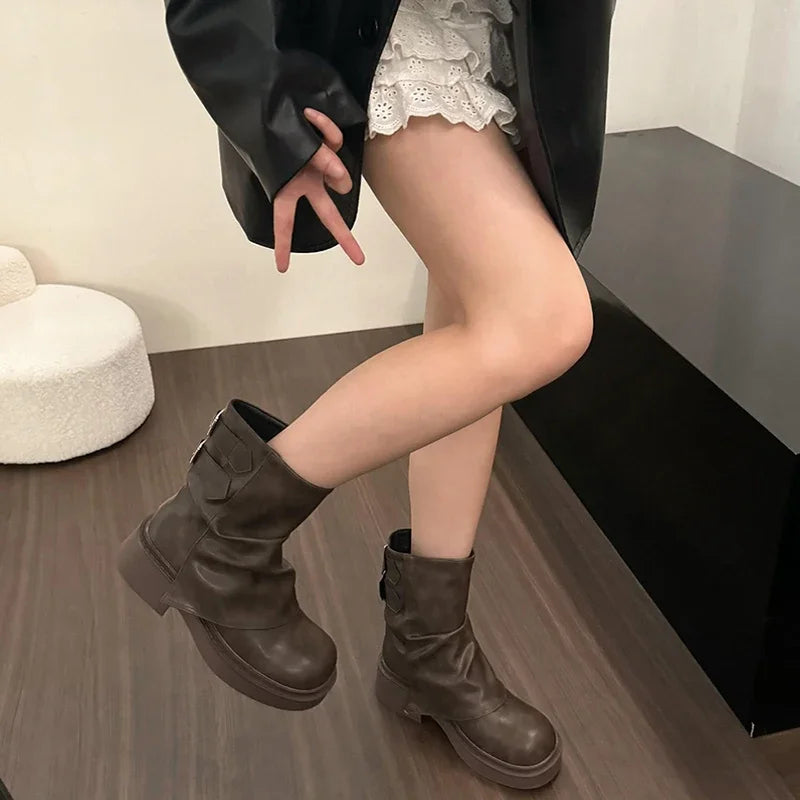 Platform Women Western Cowgirl Boots Fashion Slip On Short Boots Autumn Winter Thick Heel Women's Shoes