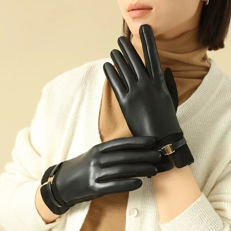 Women Winter Suede Leather Keep Warm Touch Screen Fashion Elegant Gloves Business Style Lightly Waterproof Metal Buckle