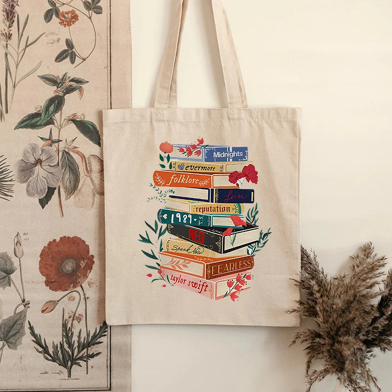 Taylor Albums Book Pattern Tote Bag Canvas Shoulder Bag for Travel Daily Commute Best Gift for Swifties Trendy Merch for TS Fans