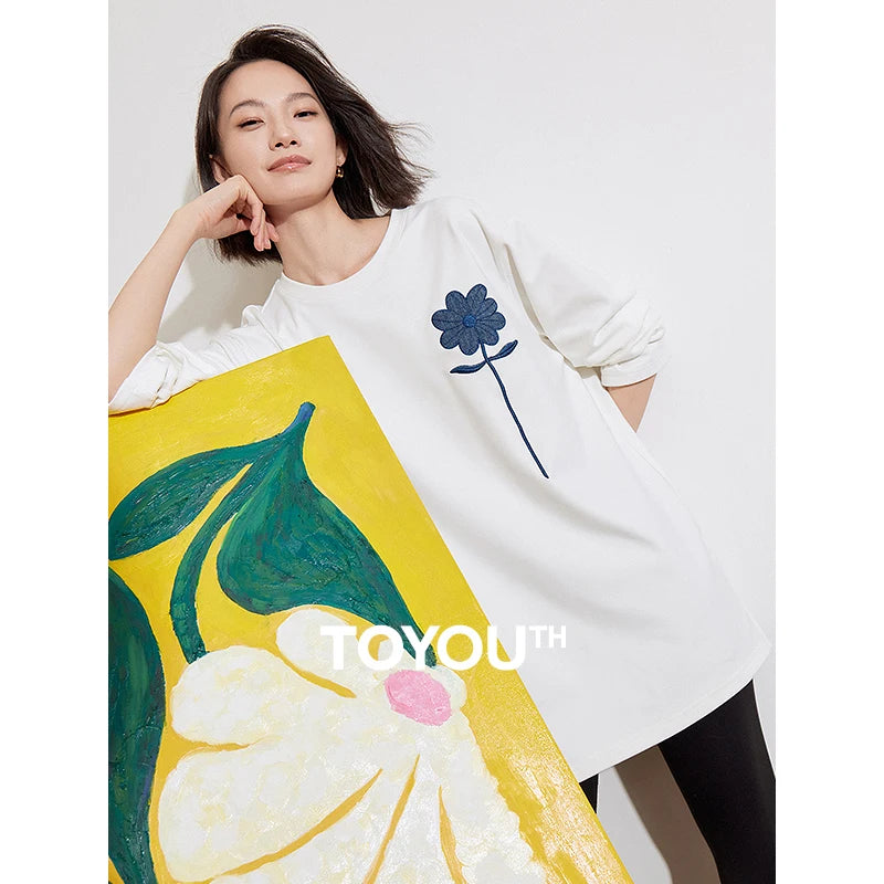 TOYOUTH Women Long Sleeve T-shirt 2024 Autumn and Winter New Denim Flower Embroidery Round Neck White T shirt Tops