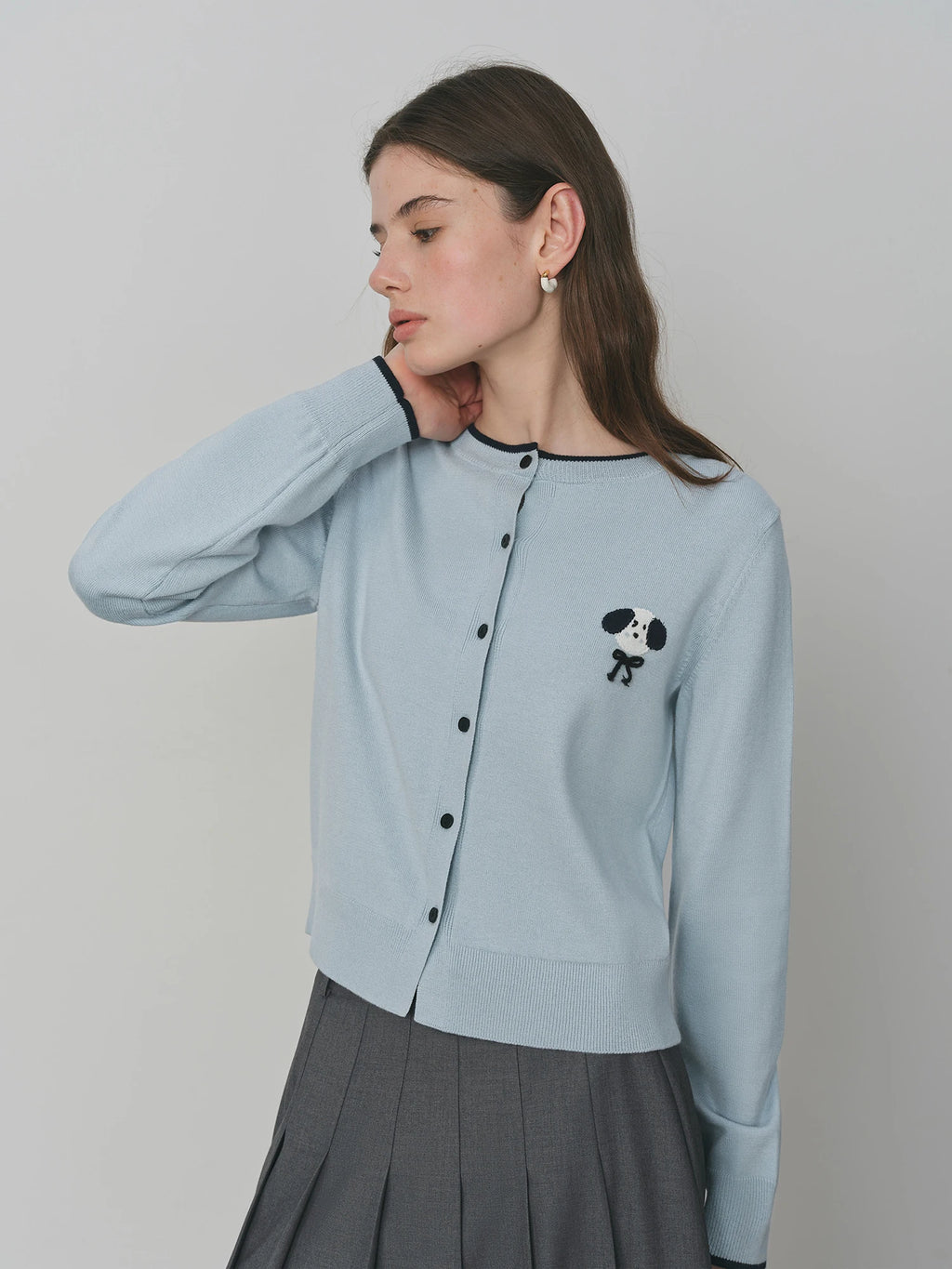 FSLE Autumn 2025 Women's Knit Cardigan - Playful Style Round Neck Dog Embroidery Loose Casual Top Sweater with Floral Accents