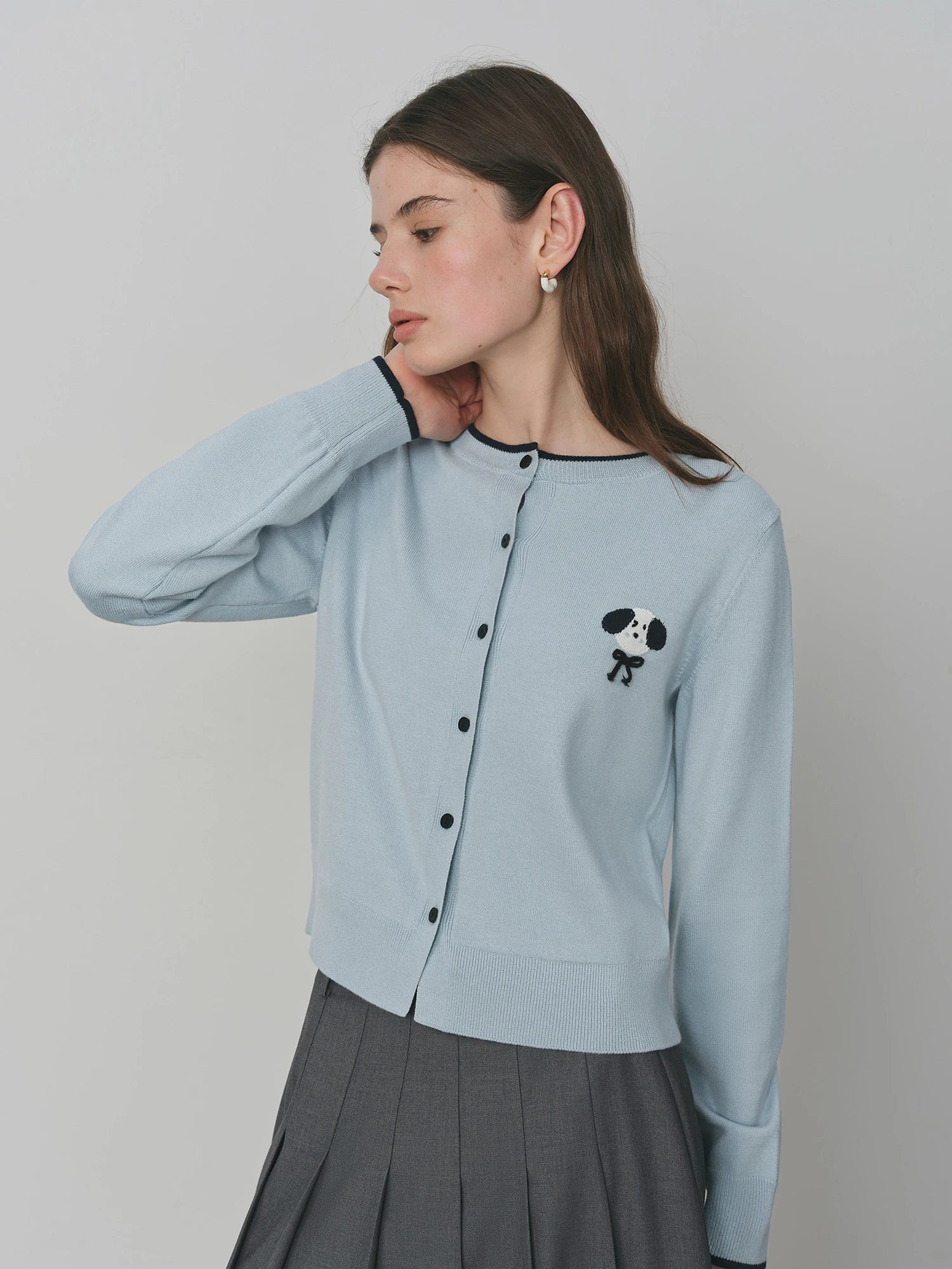 FSLE Autumn 2025 Women's Knit Cardigan - Playful Style Round Neck Dog Embroidery Loose Casual Top Sweater with Floral Accents