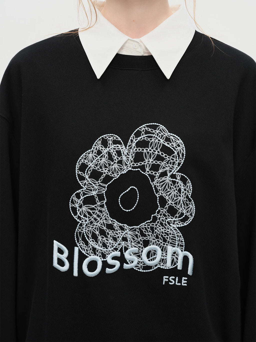 FSLE Winter 2025 Women's Embroidered Drop Shoulder Sweatshirt - 3D Floral Texture Slight Loose Fit Youthful Casual Layering Top