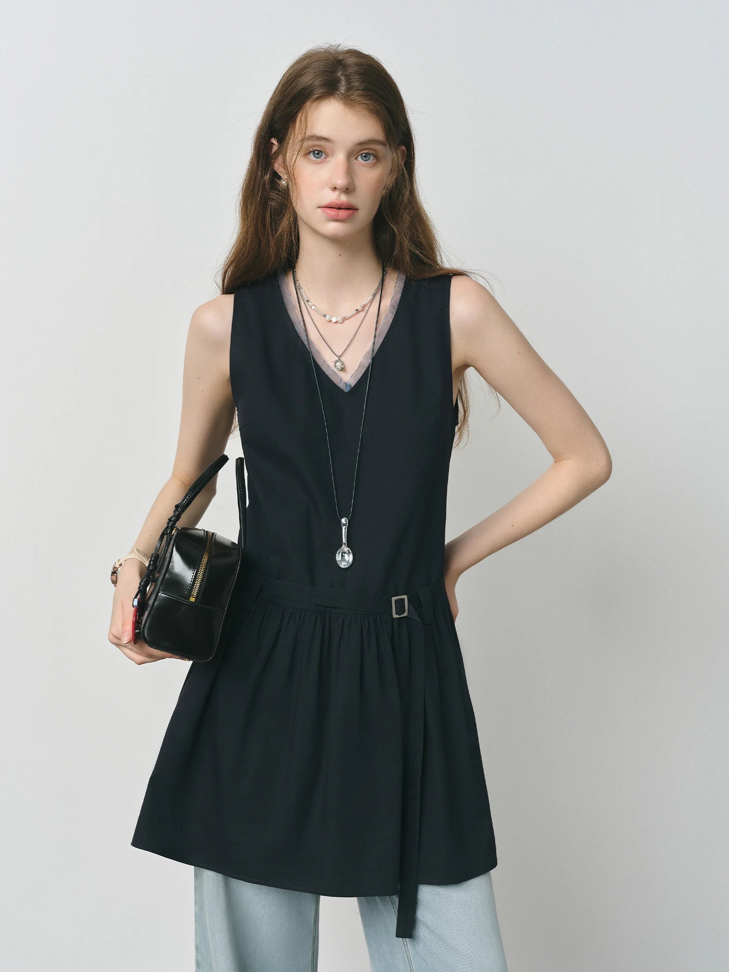 FSLE Sleeveless V-neck Design Dress 2025 Summer Korean Style Pure Cotton Slim Shirt Top