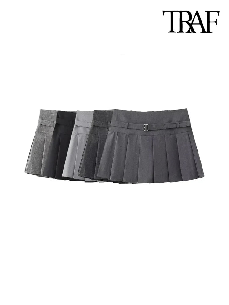 TRAF-Pleated Shorts Skirts for Women, With Belt,Side Zipper, Mid Waist, Female Skort,Fashion