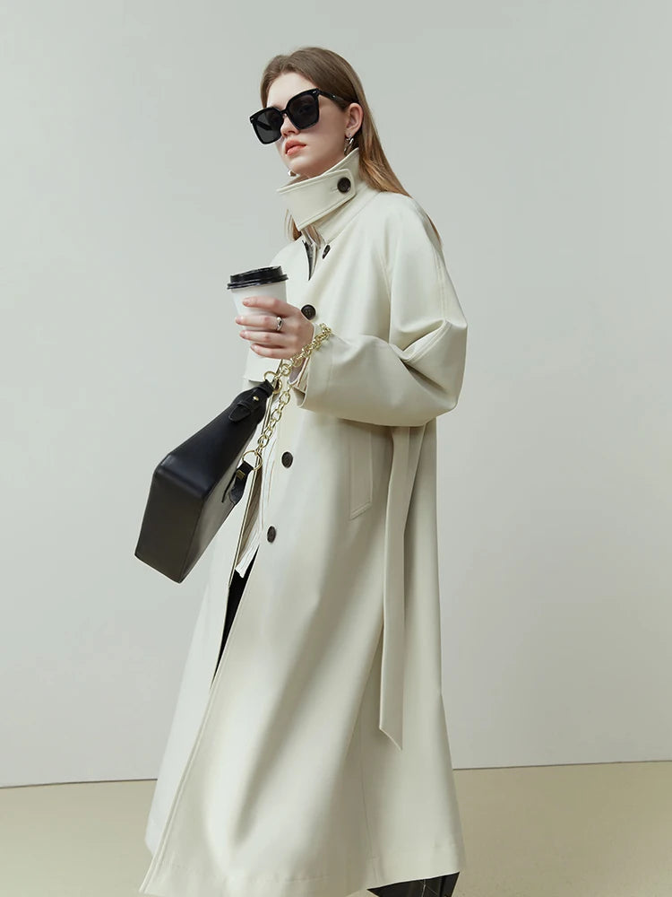 FSLE Simple White Temperament Extended Spring Women Trench Coats Single Breasted Commuter Jackets Belt Design Women Trench
