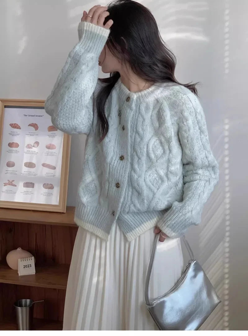 Thicken Winter Clothes Twists Knitting Cardigan Lovely Pink Short Jacket Loose Korean Sweet Women Sweater Coat Y2K College Tops
