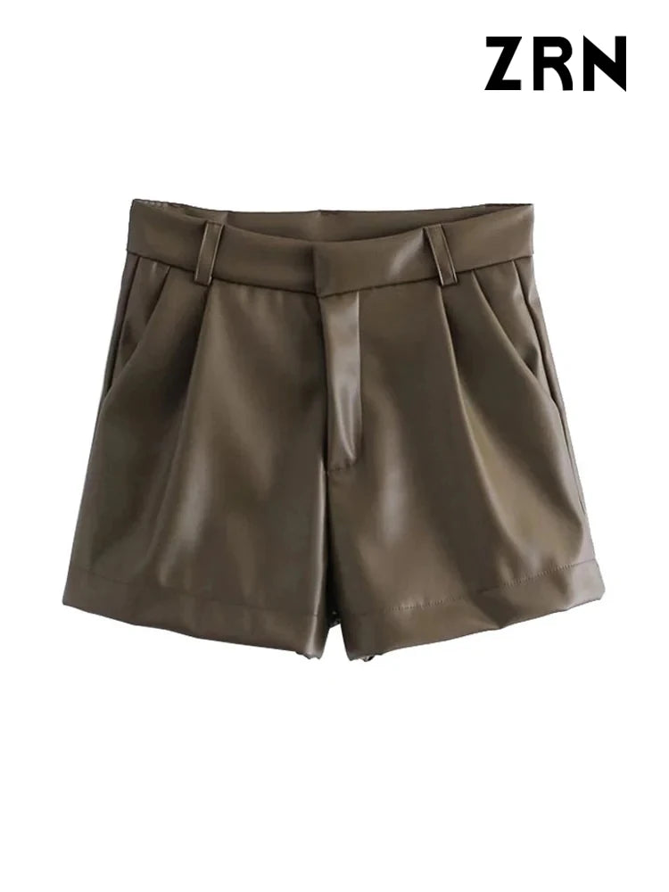 ZRN-Women's Faux Leather Shorts with Side Pockets, High Waist, Zipper Fly, Female Short Pants, Chic Fashion