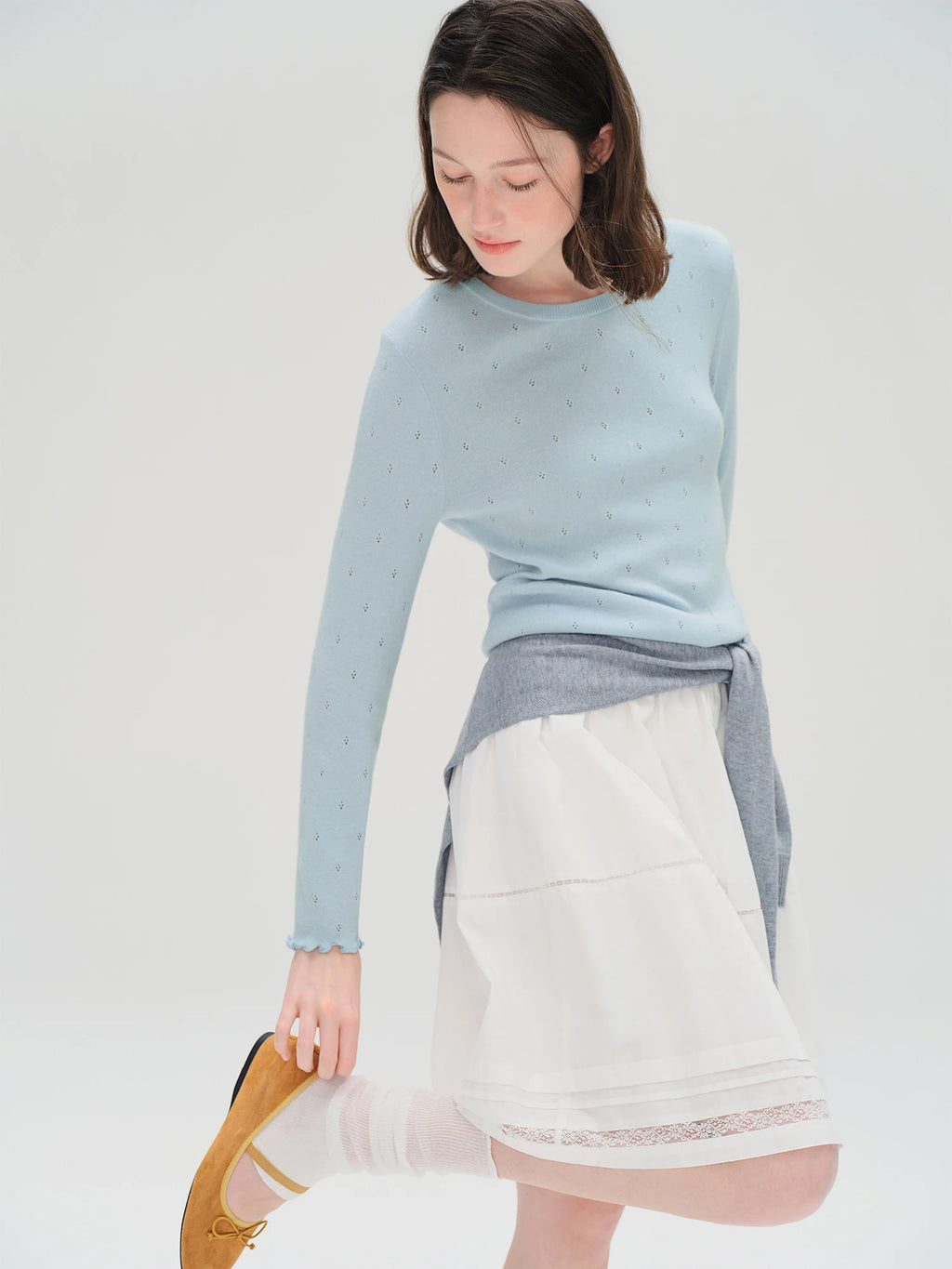 DUSHU Autumn 2025 Women's Round Neck Knit Top - Eyelet Trim Lace Edge Ribbed Texture Office Casual Blouse with Loose Fit