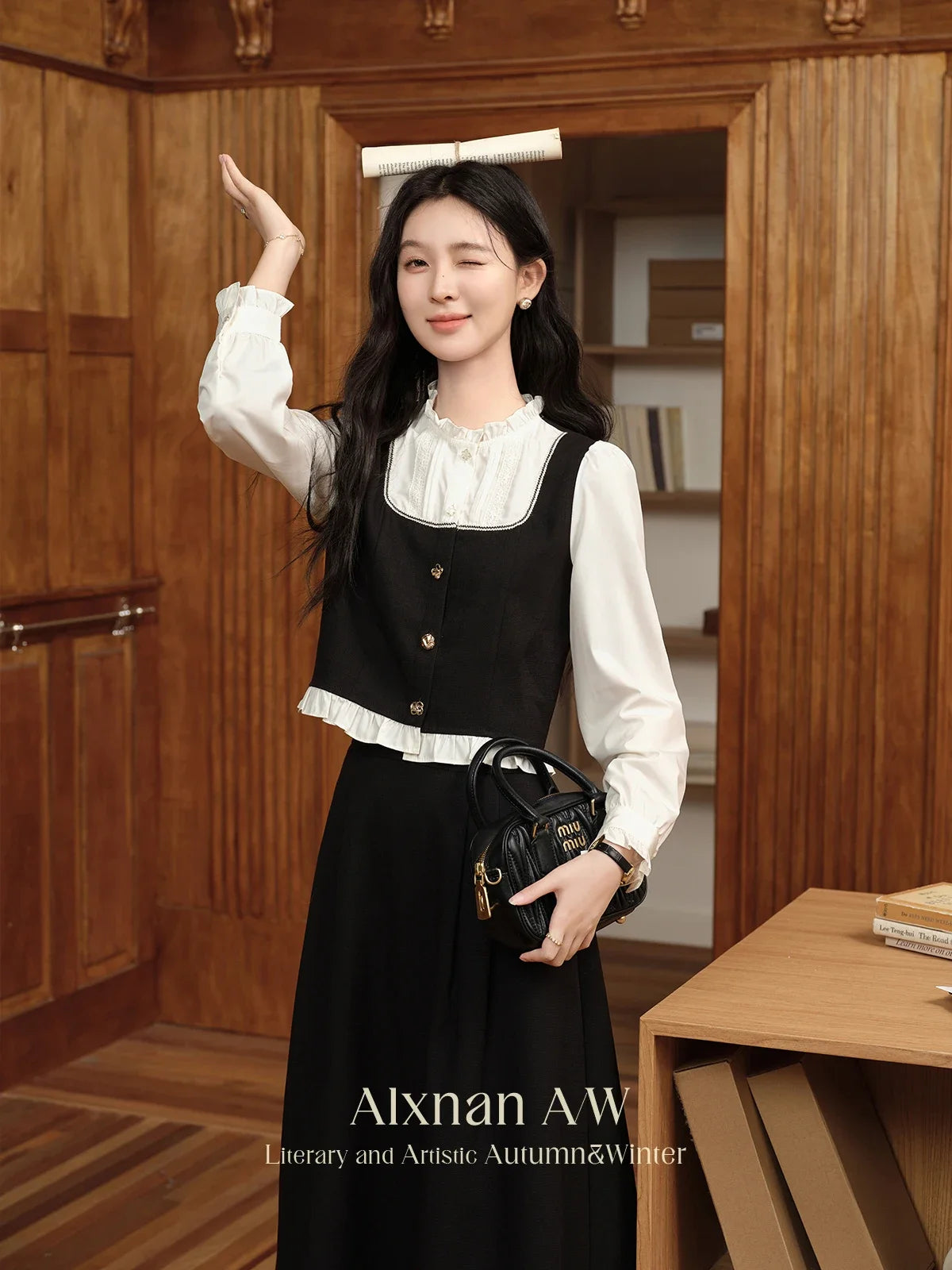 ALXNAN Women's Ruffle Collar Shirt 2024 Autumn Spliced Button Down Casual Shirt Female Long Sleeve Single Breasted Top L39653