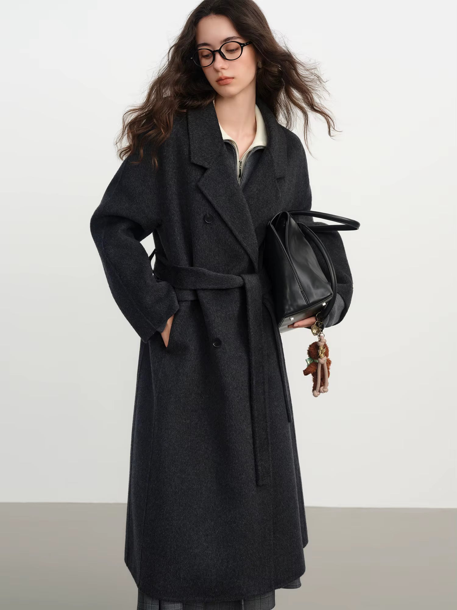 Cashmere Double-breasted Collar Woolen Coat Women 2025 Winter Commuting Light Blue Casual Loose Lazy Simple Coat