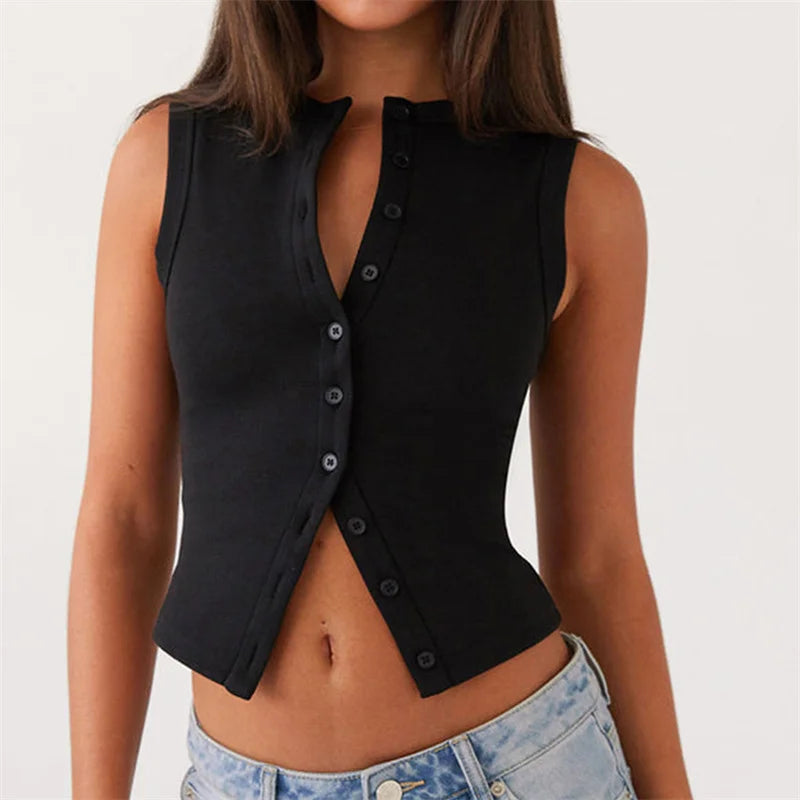 Kpop Vintage Ribbed Women Button Tank Tops Casual Summer Solid Color Sleeveless Crop Tops Basic Vest Y2K Aesthetic Clothes Streetwear