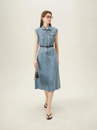 FSLE French Retro Cotton Sleeveless Denim Casual Straight Dress For Women 2024 Summer New Arrival Chic Style Dress 24FS12180