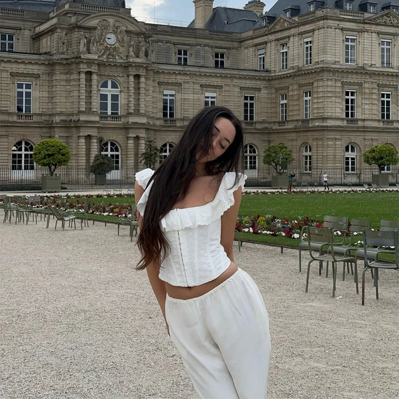Romantic White Ruffled Square Neck Corset Top