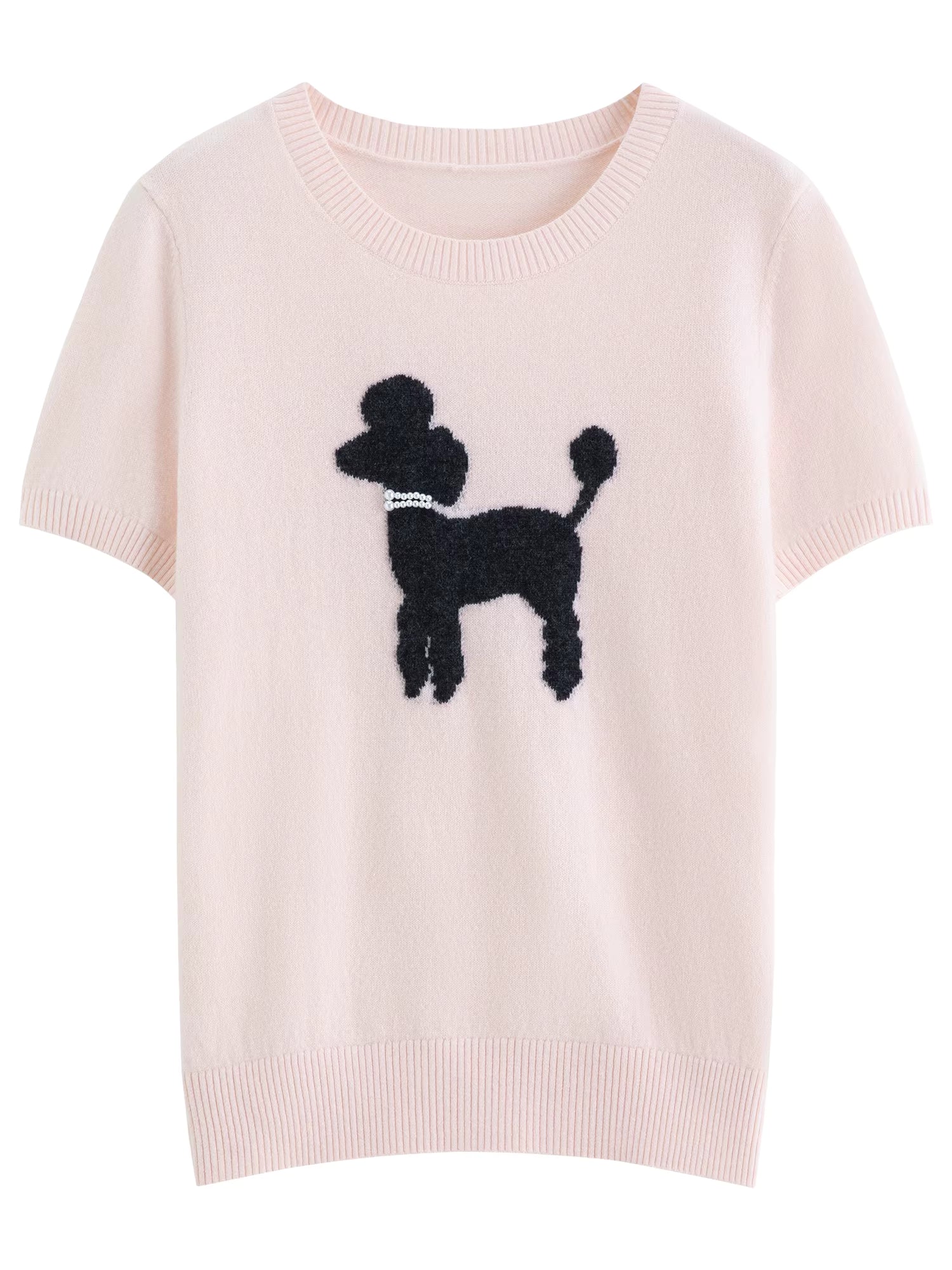 Women's Spring 2026 New Style Faux Pearl Embellished Fun Puppy Short-Sleeve Knit Sweater Citywalk Daily Homewear