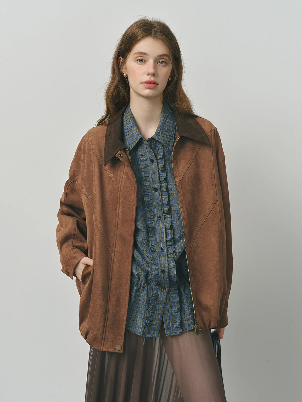 FSLE Retro Style Maillard Suede Long Sleeves Jacket for Women 2025 Autumn New Arrival Contrast Color Lapel Chic Coat