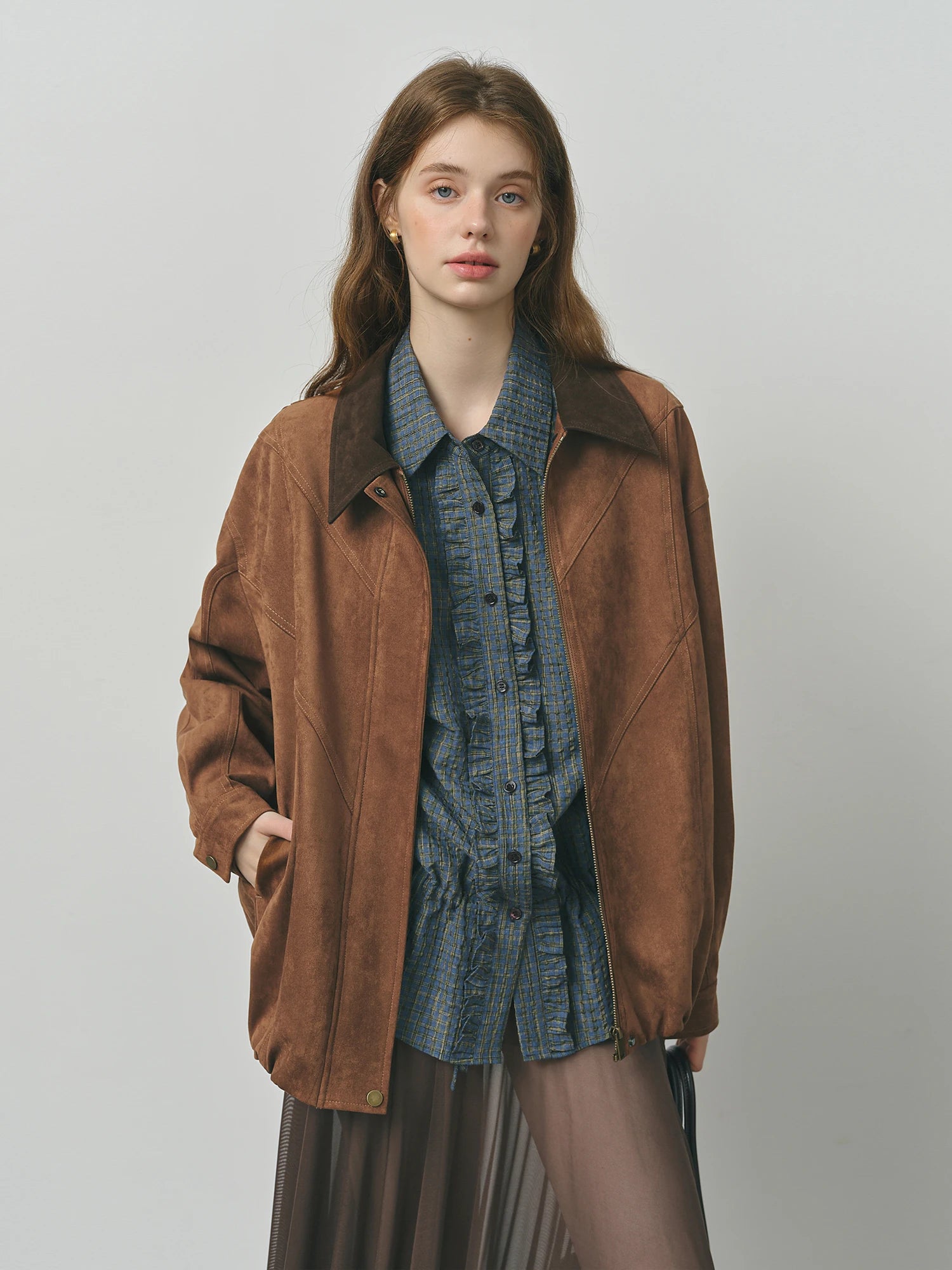 FSLE Retro Style Maillard Suede Long Sleeves Jacket for Women 2025 Autumn New Arrival Contrast Color Lapel Chic Coat