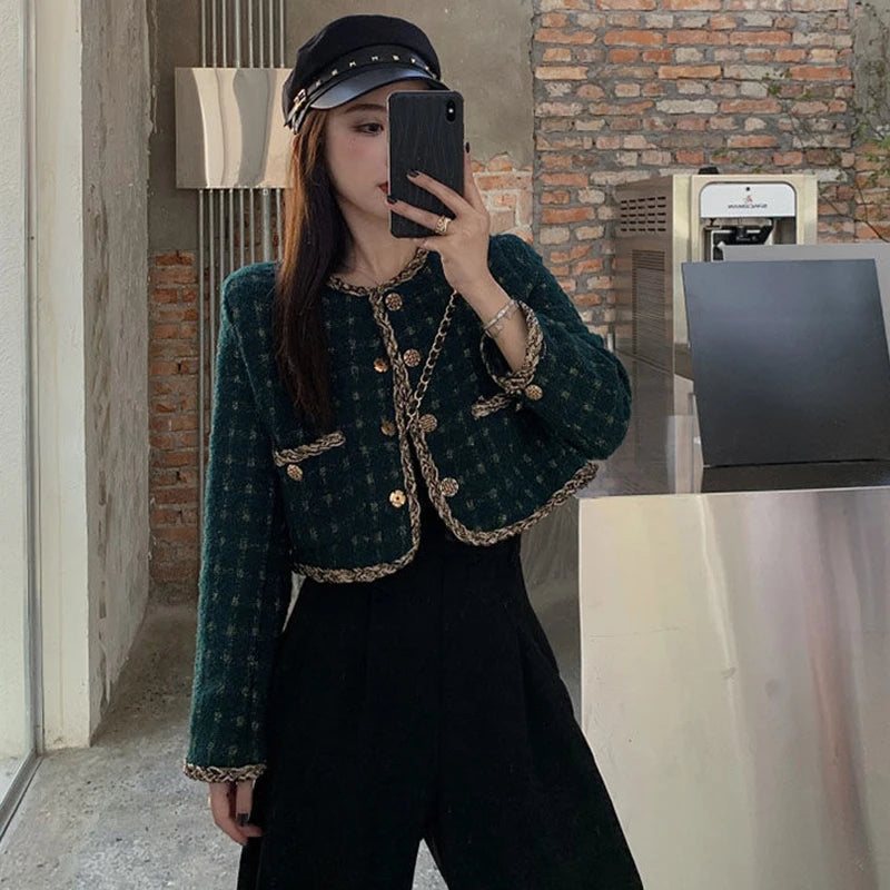 2024 Korea New Arrive Elegant Retro Plaid Short Woolen Jackets Women Autumn Ladies Long Sleeve Metal Single Breasted Tweed Coat