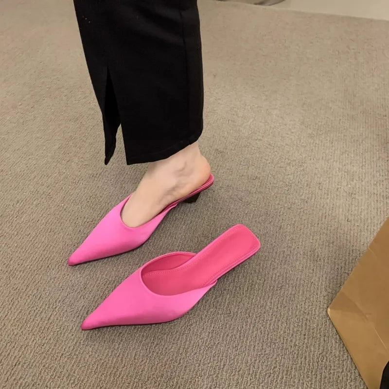 Kpop 2024 Spring Pointed Toe Women Mules Slipper Fashion Candy Color Ladies Elegant Dress Sandal Square Low Heel Slip on Slides Shoes