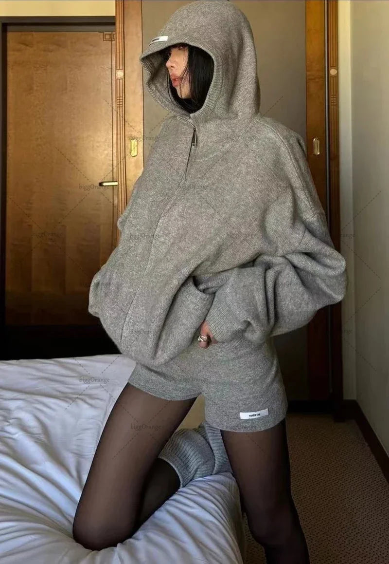 Gray Sexy Clothing Set Women Simple Sports Oversized Hoodie High Waist Shorts  Women Street Solid Color Sweatshirt Women