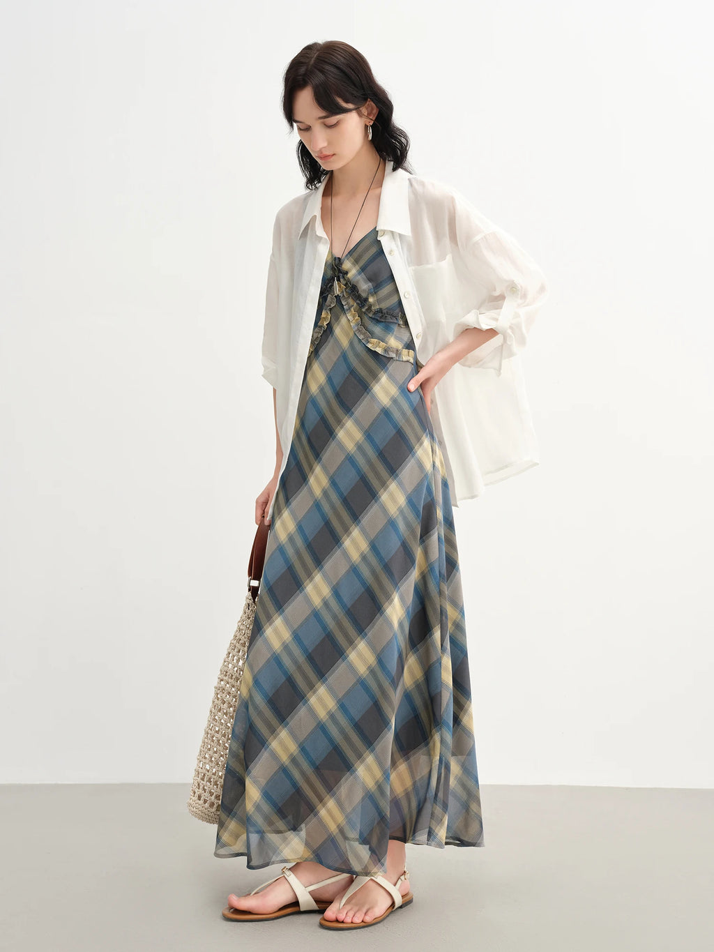 DUSHU 2025 Summer Women's Floral Checkered Maxi Dress - Curve-Flattering Ruffle Trim & A-Line Silhouette for Elegant Occasions