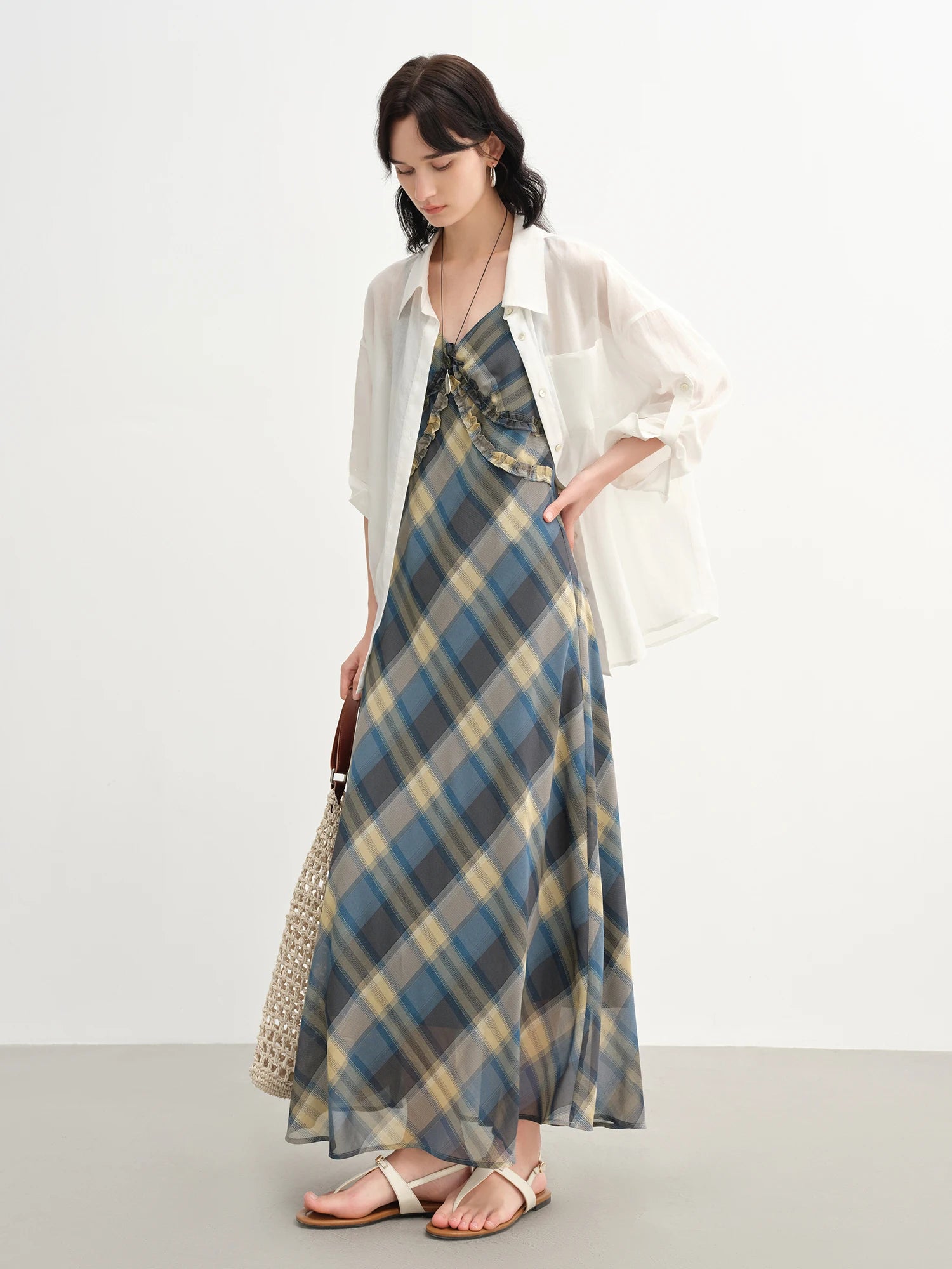 DUSHU 2025 Summer Women's Floral Checkered Maxi Dress - Curve-Flattering Ruffle Trim & A-Line Silhouette for Elegant Occasions